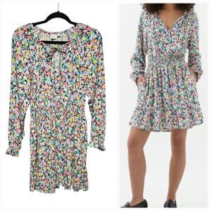 GAP Multicolor Slim Fit Floral Dress Long Sleeve Tie Neck Smocked Waist Feminine